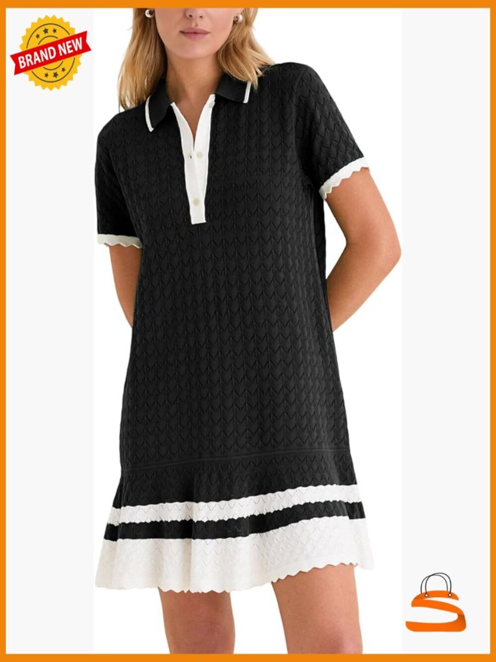 Crochet Hollow Polo Dress Short Sleeve Color Block Knit Mini Dress